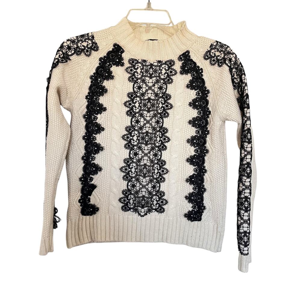 Pinko Cream Black Lace Long Sleeve Cable Knit Mock Neck Pullover Sweater Size XS